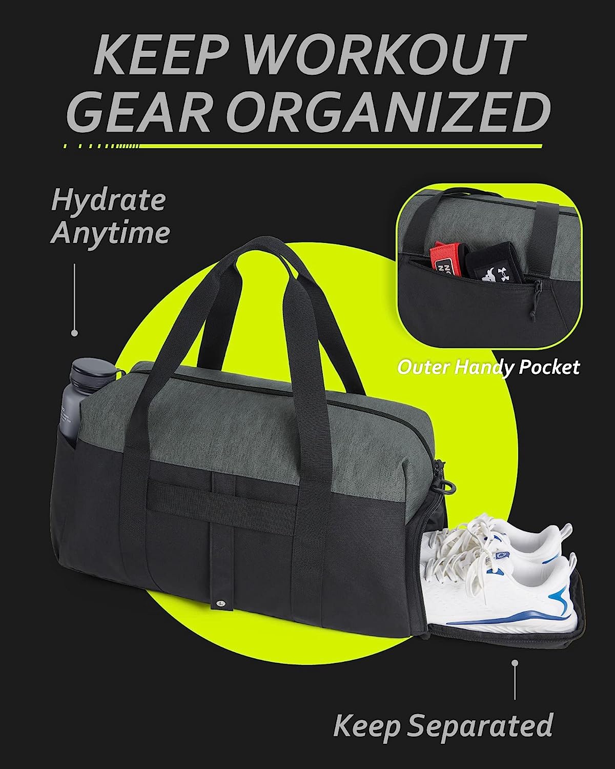 Gym Bags for Men， BAGSMART Foldable Sports Duffle Bag， Lightweight Weekender Duffel Bag With Shoe Compartment， Water Resistant Workout Duffle Sports Bag for Travel Fitness Swimming Yoga， Grey - Image 5